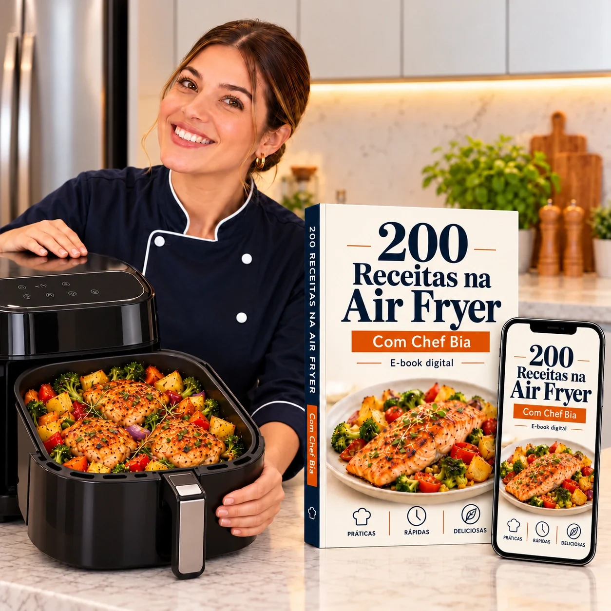 Chef Bia com a Air Fryer apoiada na bancada e o cesto aberto com frango e legumes, ao lado do e-book e do celular